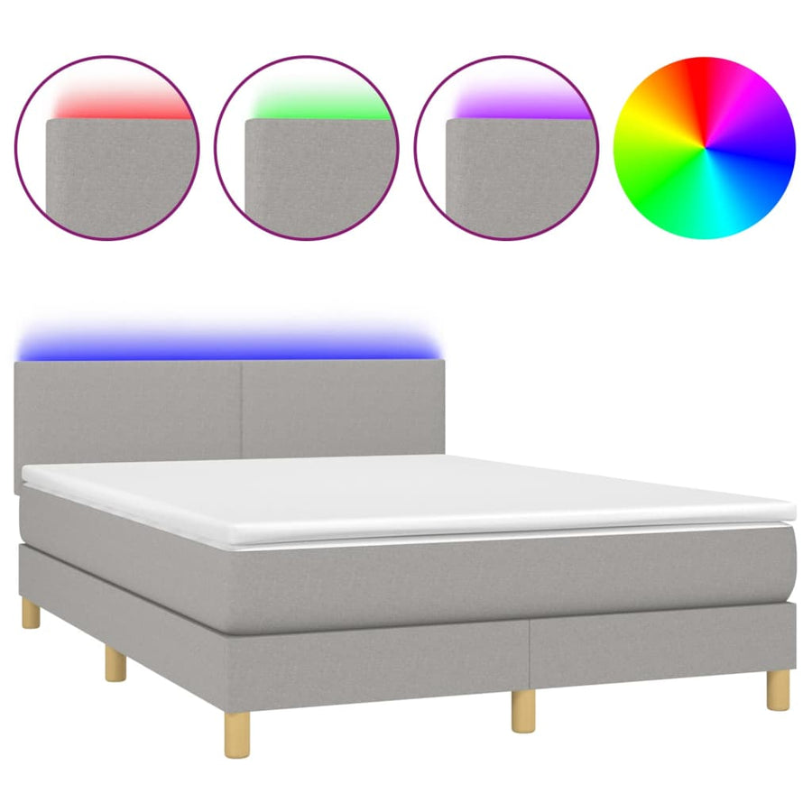 Boxspring met matras en LED stof lichtgrijs 140x190 cm 140 x 190 cm Effen ontwerp