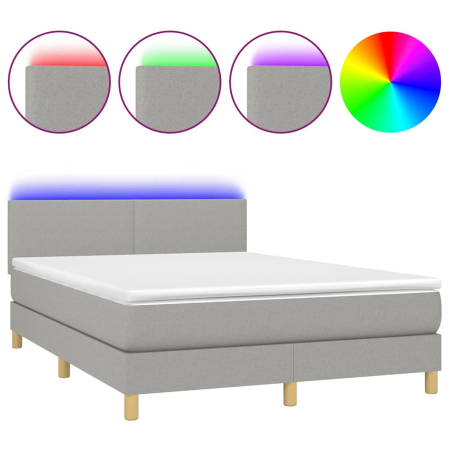 Boxspring met matras en LED stof lichtgrijs 140x200 cm 140 x 200 cm Effen ontwerp