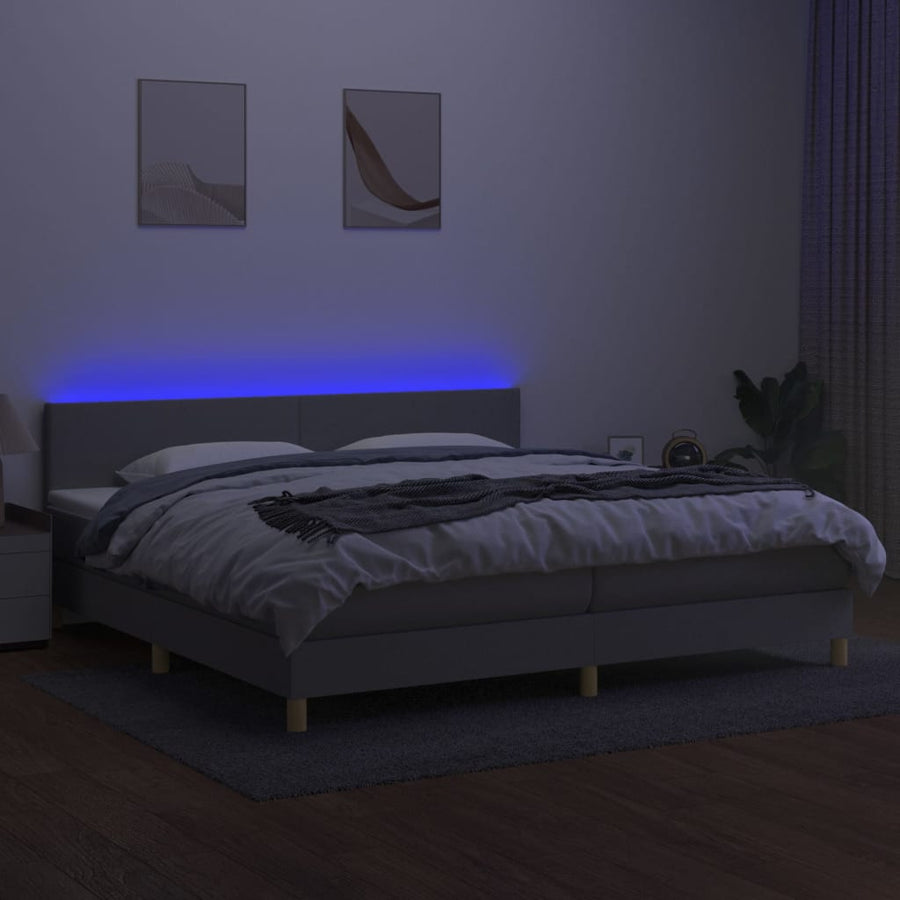 Boxspring met matras en LED stof lichtgrijs 200x200 cm 200 x 200 cm Effen ontwerp