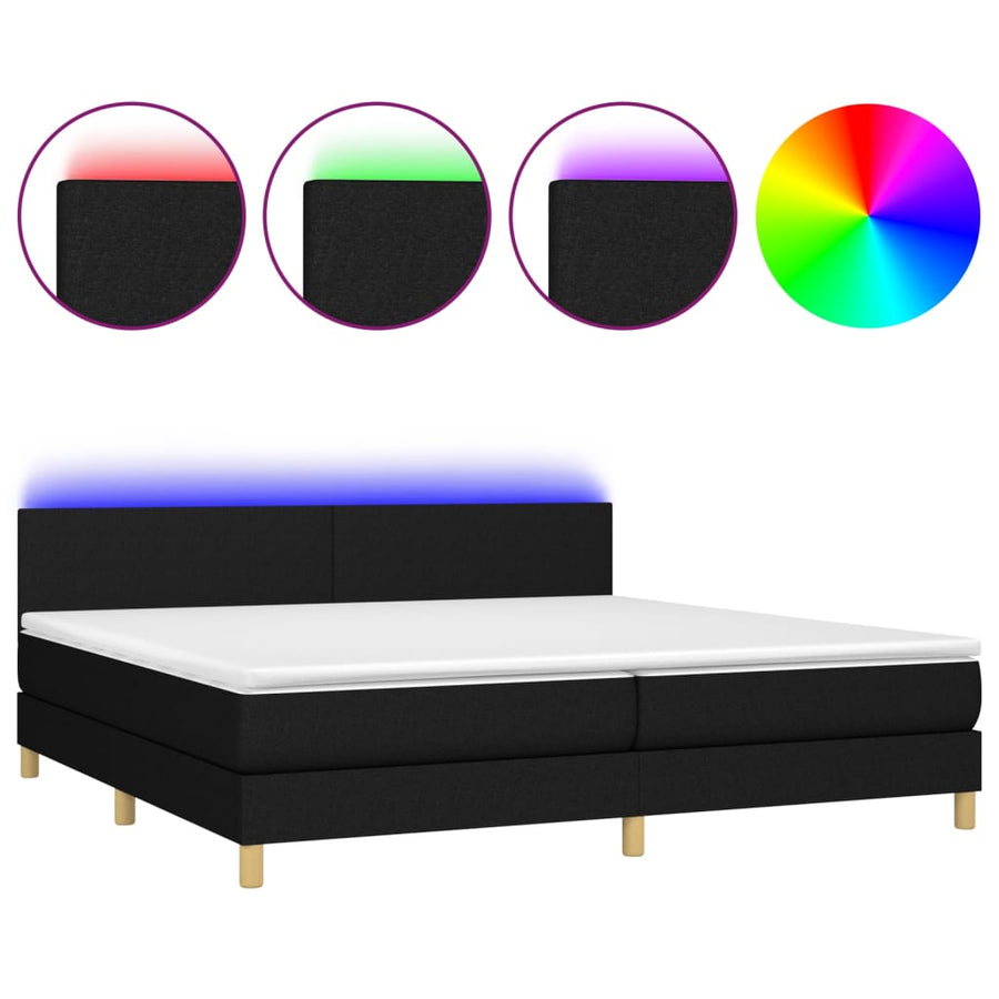 Boxspring met matras en LED stof zwart 200x200 cm 200 x 200 cm Effen ontwerp