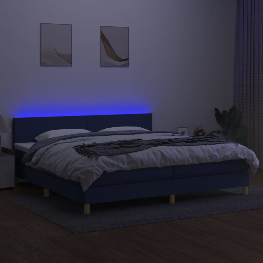 Boxspring met matras en LED stof blauw 200x200 cm 200 x 200 cm Blauw