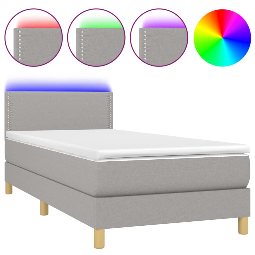 Boxspring met matras en LED stof lichtgrijs 100x200 cm 100 x 200 cm Effen met spijkers