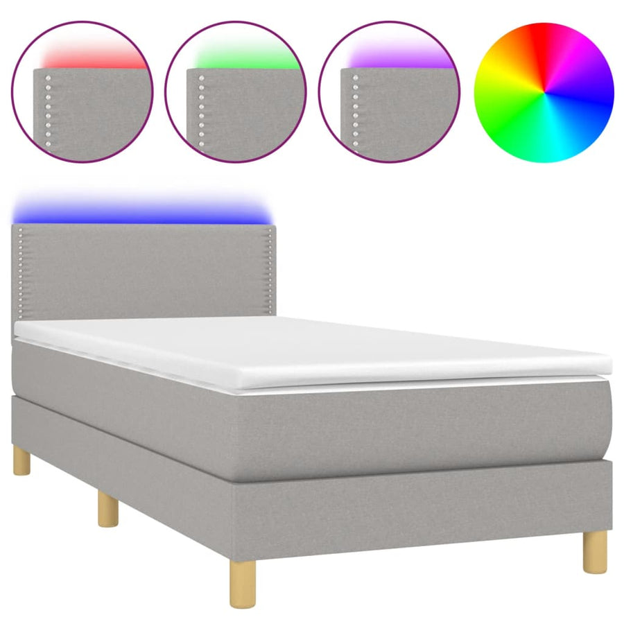Boxspring met matras en LED stof lichtgrijs 100x200 cm 100 x 200 cm Effen met spijkers