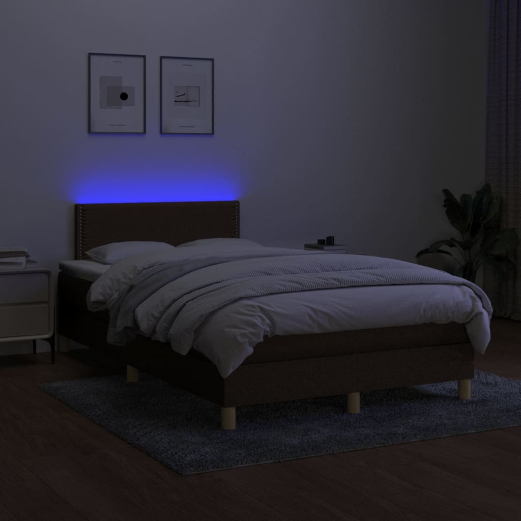 Boxspring met matras en LED stof donkerbruin 120x200 cm 120 x 200 cm Effen met spijkers