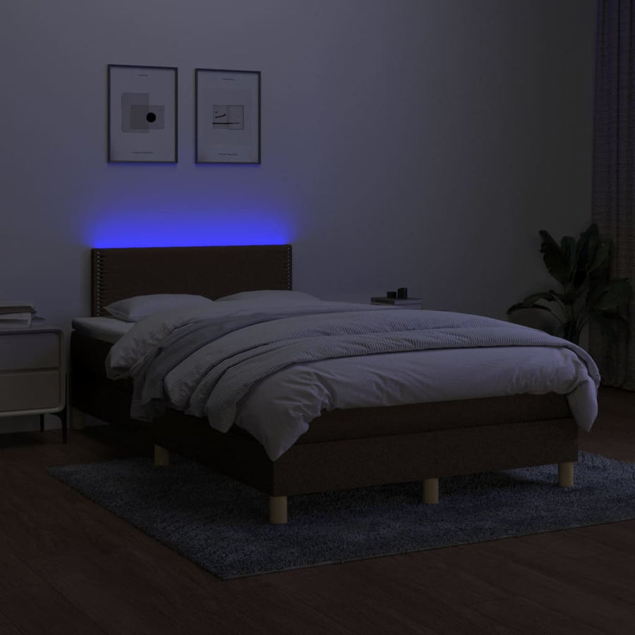 Boxspring met matras en LED stof donkerbruin 120x200 cm 120 x 200 cm Effen met spijkers