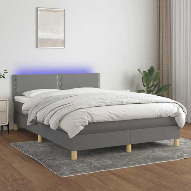 Boxspring met matras en LED stof donkergrijs 140x190 cm 140 x 190 cm Effen met spijkers