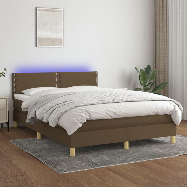 Boxspring met matras en LED stof donkerbruin 140x190 cm 140 x 190 cm Effen met spijkers