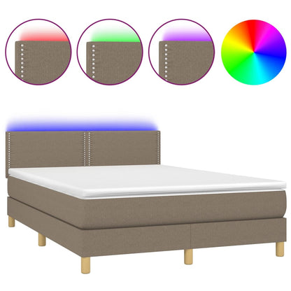 Boxspring met matras en LED stof taupe 140x190 cm 140 x 190 cm Effen met spijkers
