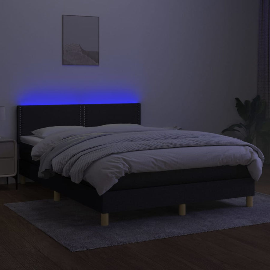 Boxspring met matras en LED stof zwart 140x200 cm 140 x 200 cm Effen met spijkers