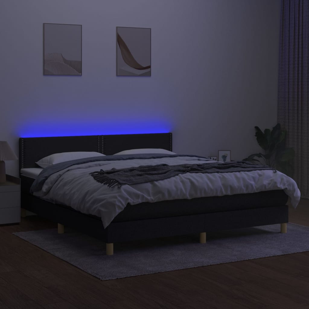 Boxspring met matras en LED stof zwart 160x200 cm 160 x 200 cm Effen met spijkers