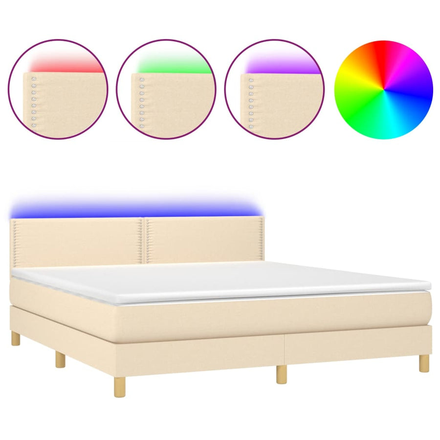Boxspring met matras en LED stof crèmekleurig 180x200 cm 180 x 200 cm Effen met spijkers