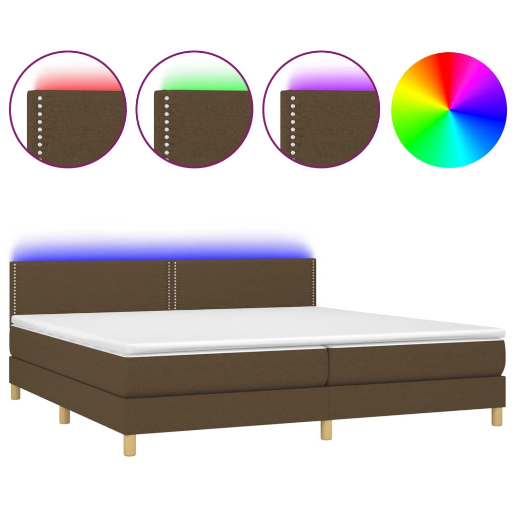 Boxspring met matras en LED stof donkerbruin 200x200 cm 200 x 200 cm Effen met spijkers