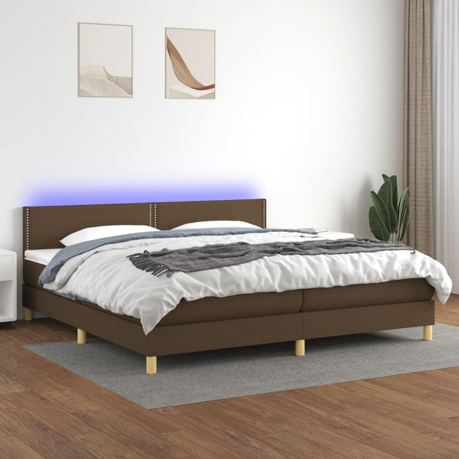 Boxspring met matras en LED stof donkerbruin 200x200 cm 200 x 200 cm Effen met spijkers