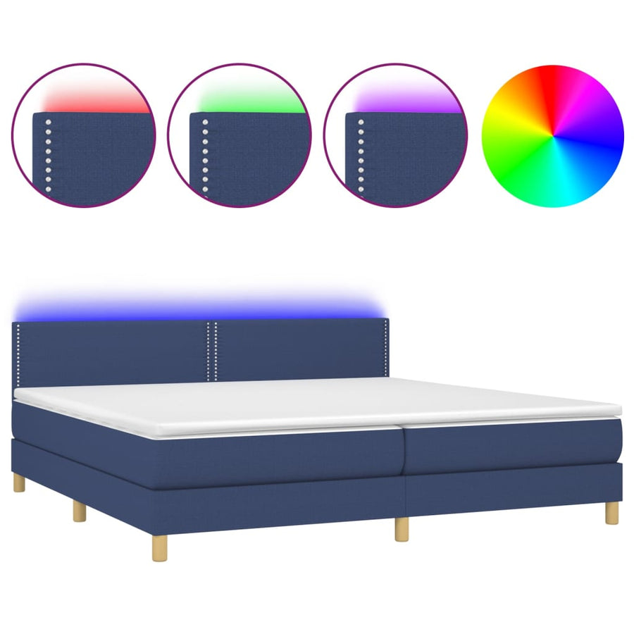 Boxspring met matras en LED stof blauw 200x200 cm 200 x 200 cm Effen met spijkers