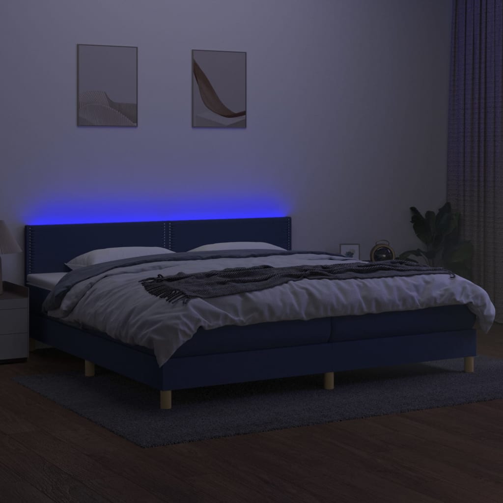 Boxspring met matras en LED stof blauw 200x200 cm 200 x 200 cm Effen met spijkers
