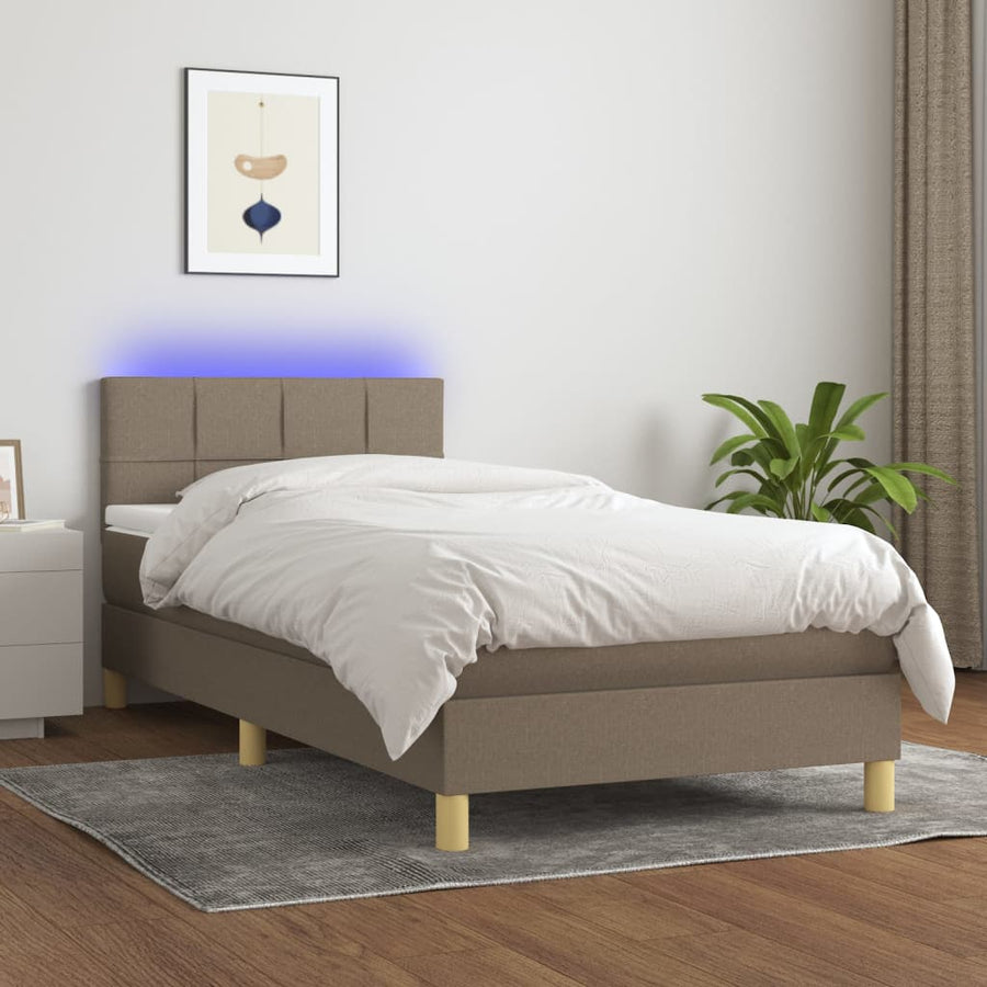 Boxspring Met Matras En Led Stof Taupe 90 x 190 cm Blok met vierkanten