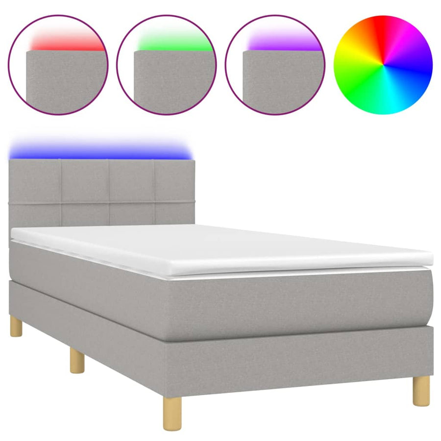 Boxspring met matras en LED stof lichtgrijs 100x200 cm 100 x 200 cm Blok met vierkanten