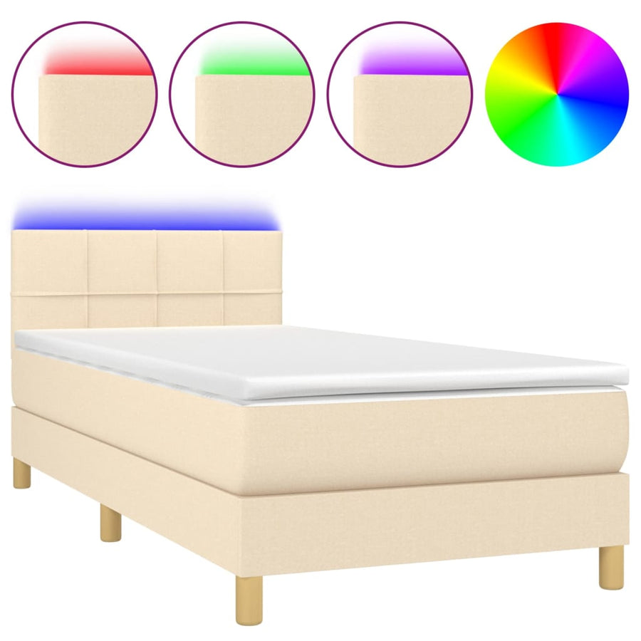 Boxspring Met Matras En Led Stof Kleurig Crème 100 x 200 cm Blok met vierkanten