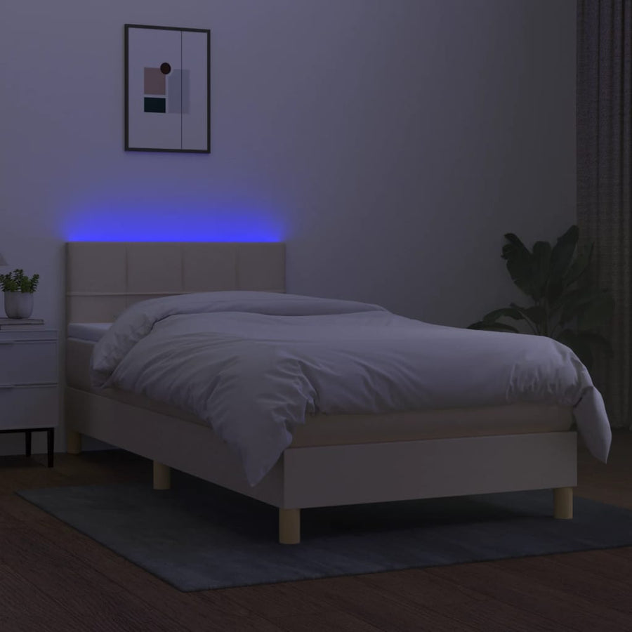Boxspring Met Matras En Led Stof Kleurig Crème 100 x 200 cm Blok met vierkanten