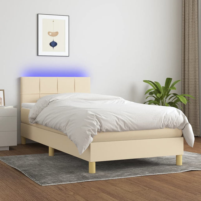 Boxspring Met Matras En Led Stof Kleurig Crème 100 x 200 cm Blok met vierkanten