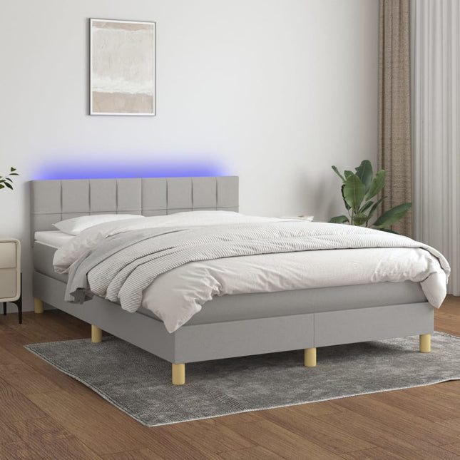 Boxspring met matras en LED stof lichtgrijs 140x190 cm 140 x 190 cm Blok met vierkanten