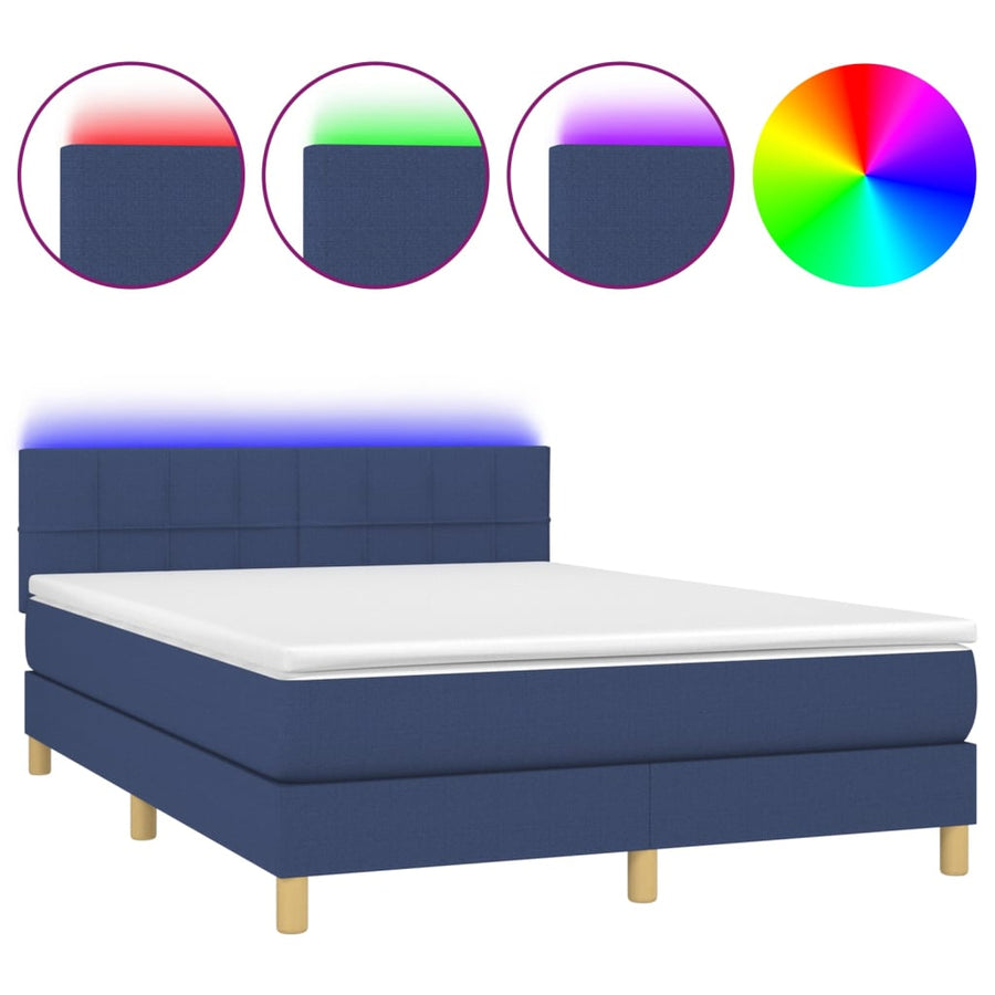 Boxspring met matras en LED stof blauw 140x190 cm 140 x 190 cm Blok met vierkanten