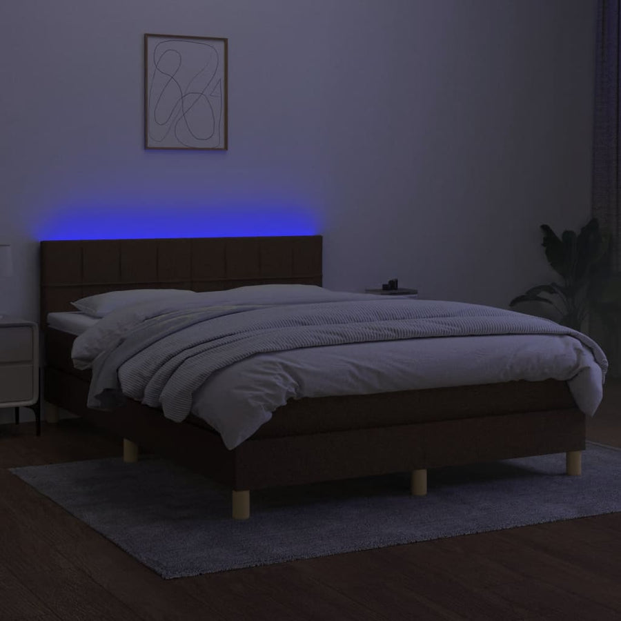 Boxspring met matras en LED stof donkerbruin 140x200 cm 140 x 200 cm Blok met vierkanten