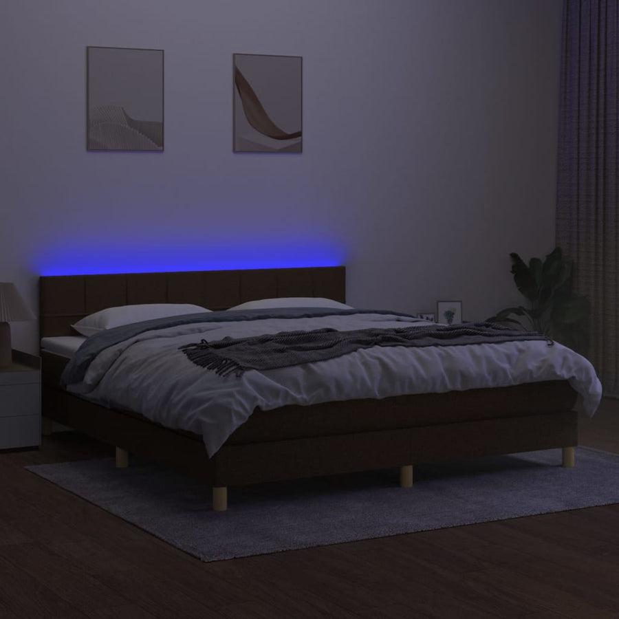 Boxspring Met Matras En Led Stof Donkerbruin 180 x 200 cm Blok met vierkanten