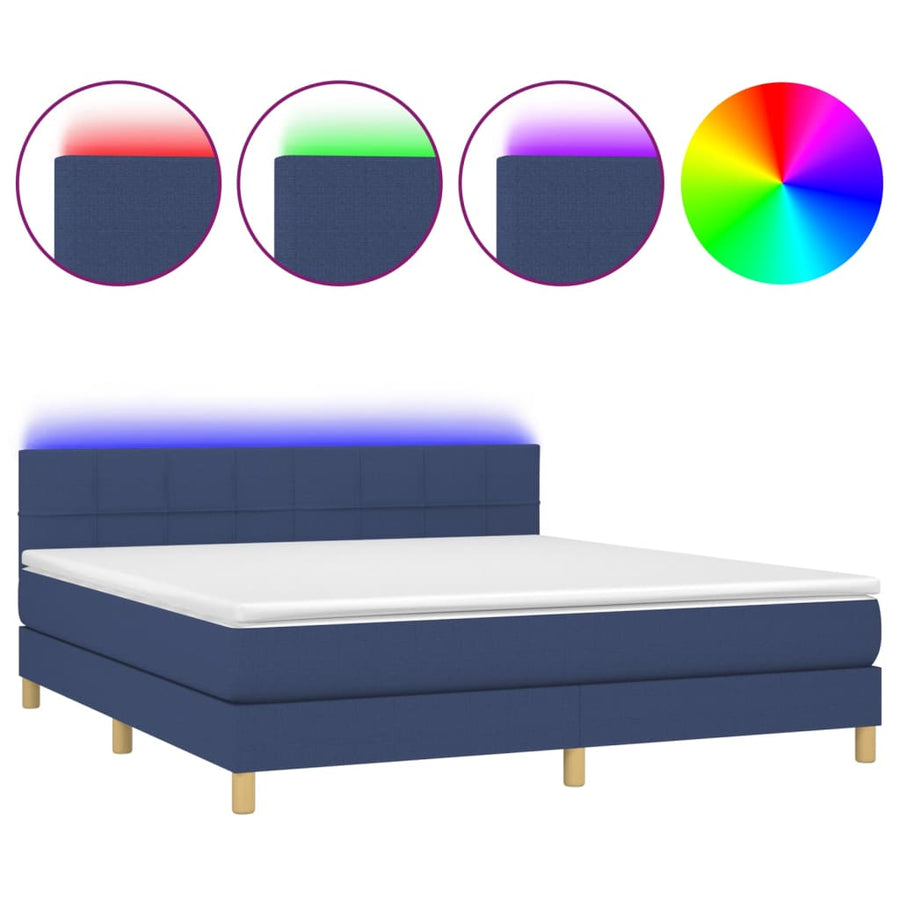 Boxspring Met Matras En Led Stof Blauw 180 x 200 cm Blok met vierkanten