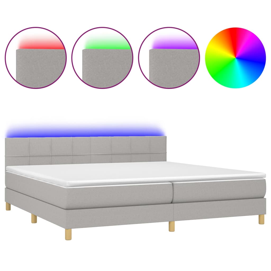 Boxspring met matras en LED stof lichtgrijs 200x200 cm 200 x 200 cm Blok met vierkanten