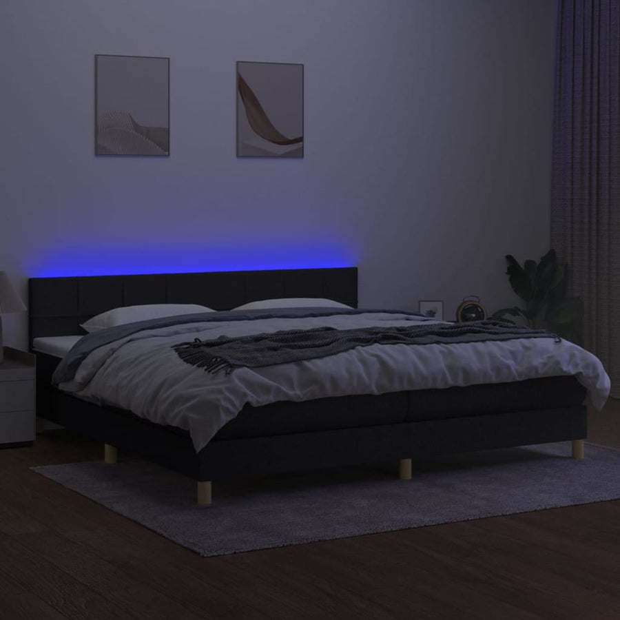 Boxspring met matras en LED stof zwart 200x200 cm 200 x 200 cm Blok met vierkanten