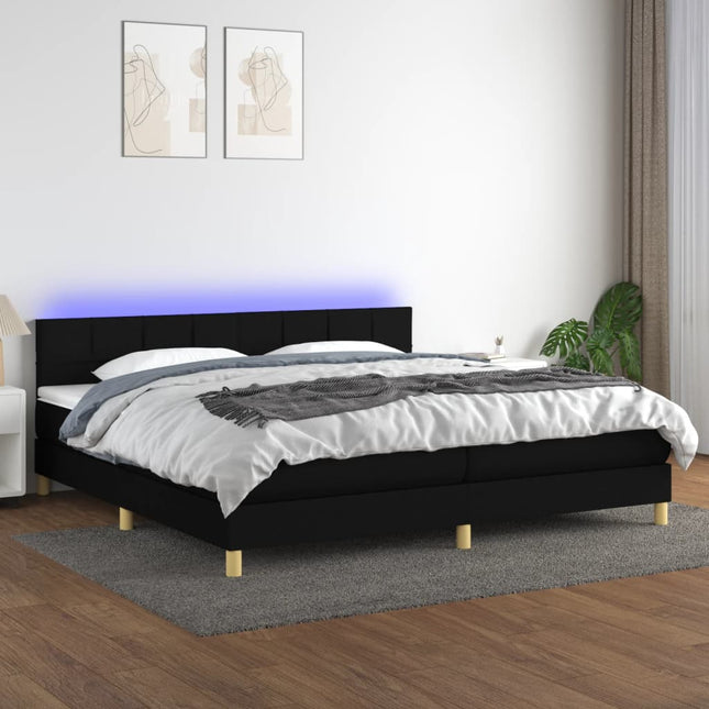 Boxspring met matras en LED stof zwart 200x200 cm 200 x 200 cm Blok met vierkanten