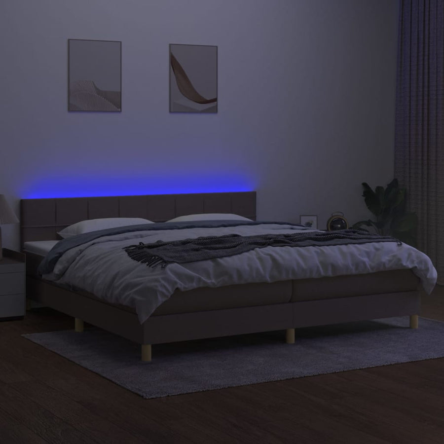 Boxspring Met Matras En Led Stof Taupe 200 x 200 cm Blok met vierkanten