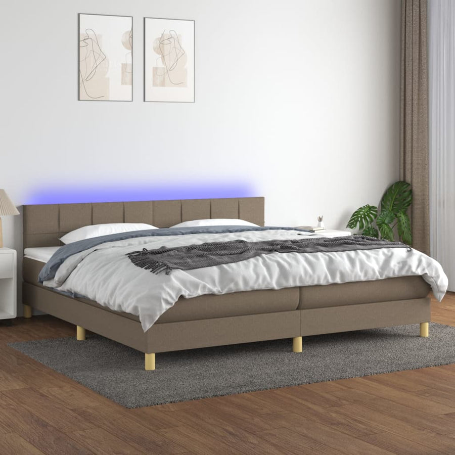 Boxspring Met Matras En Led Stof Taupe 200 x 200 cm Blok met vierkanten
