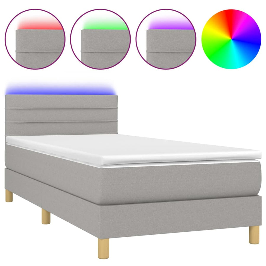 Boxspring met matras en LED stof lichtgrijs 90x190 cm 90 x 190 cm Horizontale strepen