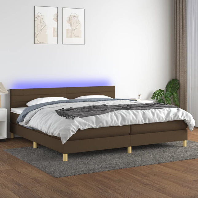 Boxspring met matras en LED stof donkerbruin 200x200 cm 200 x 200 cm Horizontale strepen