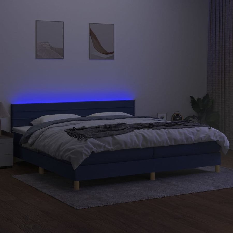 Boxspring met matras en LED stof blauw 200x200 cm 200 x 200 cm Horizontale strepen