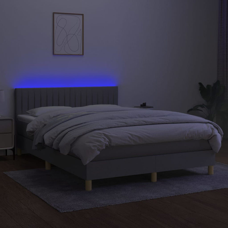 Boxspring Met Matras En Led Stof Lichtgrijs 140 x 190 cm Verticale strepen