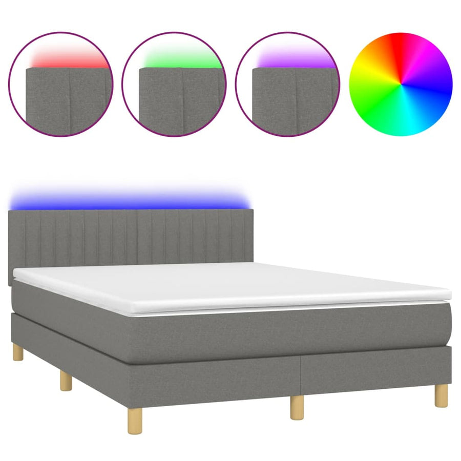Boxspring met matras en LED stof donkergrijs 140x190 cm 140 x 190 cm Verticale strepen