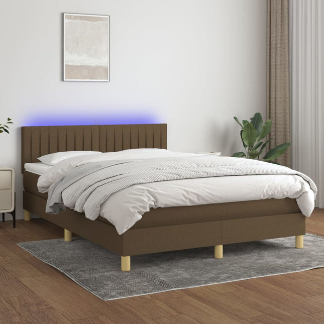 Boxspring met matras en LED stof donkerbruin 140x190 cm 140 x 190 cm Verticale strepen