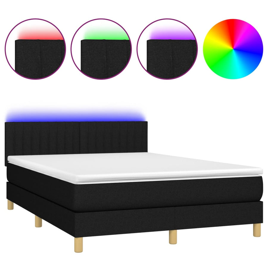 Boxspring met matras en LED stof zwart 140x200 cm 140 x 200 cm Verticale strepen