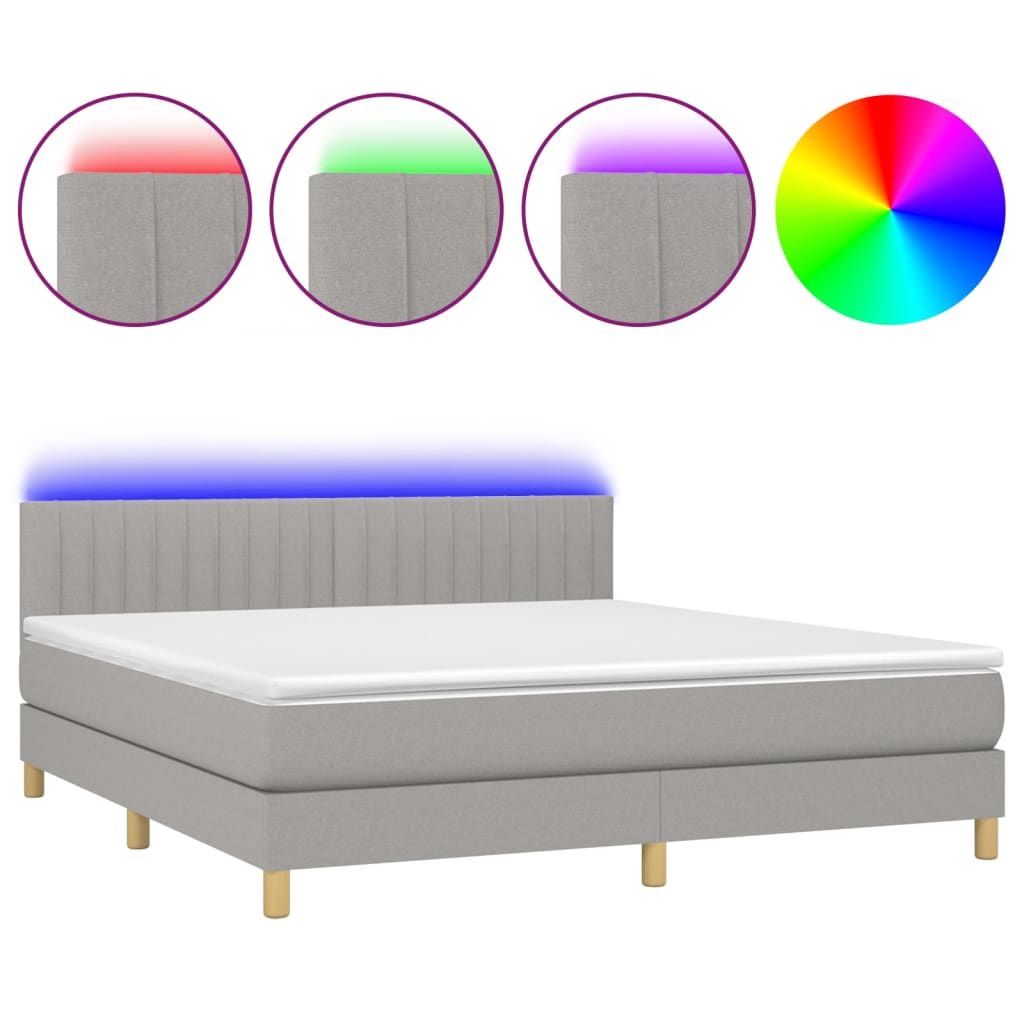 Boxspring met matras en LED stof lichtgrijs 180x200 cm 180 x 200 cm Verticale strepen