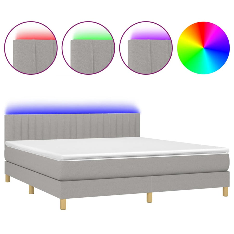 Boxspring met matras en LED stof lichtgrijs 180x200 cm 180 x 200 cm Verticale strepen