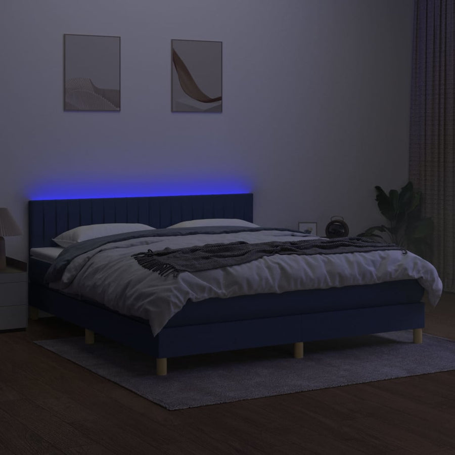 Boxspring Met Matras En Led Stof Blauw 180 x 200 cm Verticale strepen