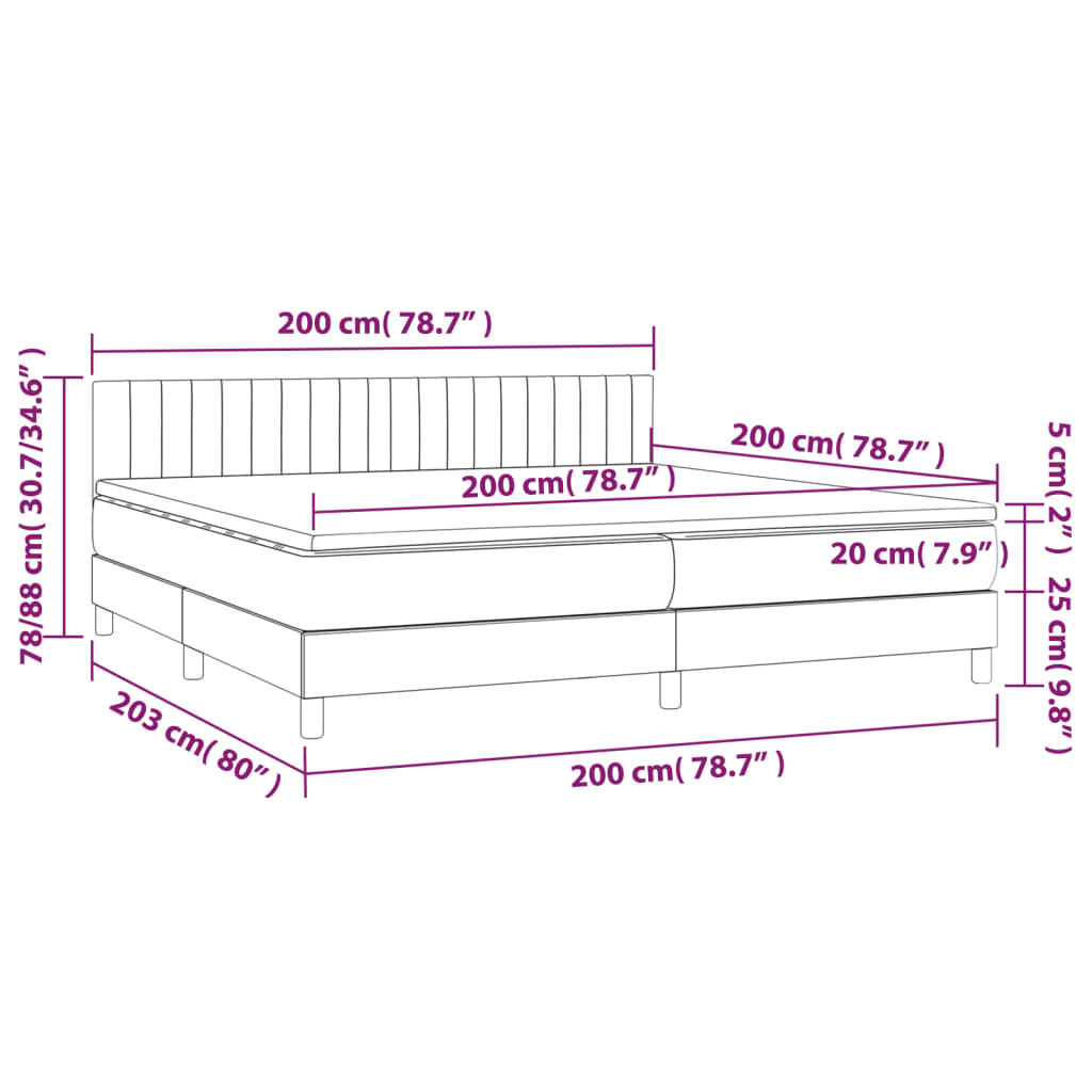 Boxspring Met Matras En Led Stof Lichtgrijs 200 x 200 cm Verticale strepen