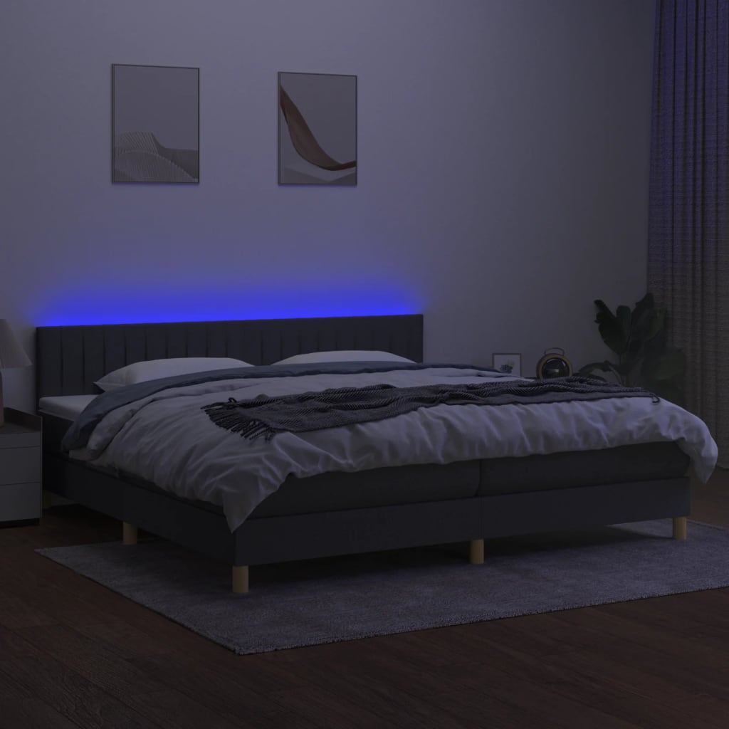 Boxspring met matras en LED stof donkergrijs 200x200 cm 200 x 200 cm Verticale strepen