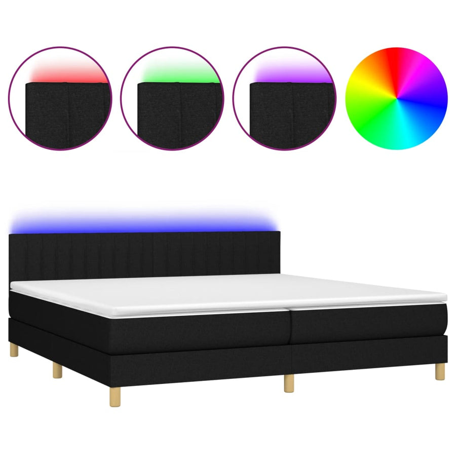 Boxspring met matras en LED stof zwart 200x200 cm 200 x 200 cm Verticale strepen