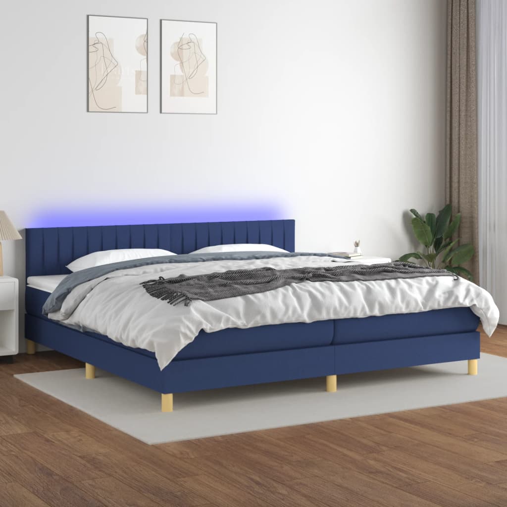 Boxspring met matras en LED stof blauw 200x200 cm 200 x 200 cm Blauw