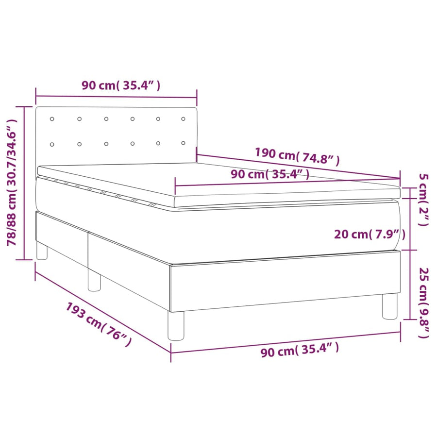 Boxspring met matras en LED stof donkerbruin 90x190 cm 90 x 190 cm Knopen