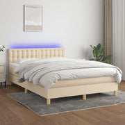 Box spring with mattress and LED fabric cream-coloured 140x190 cm